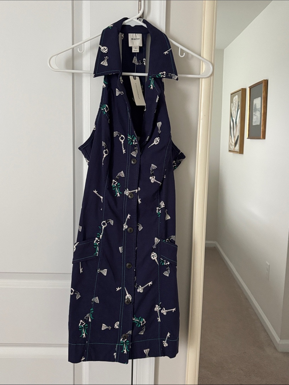 Maeve Navy Key-Print Sleeveless Shirt Dress
